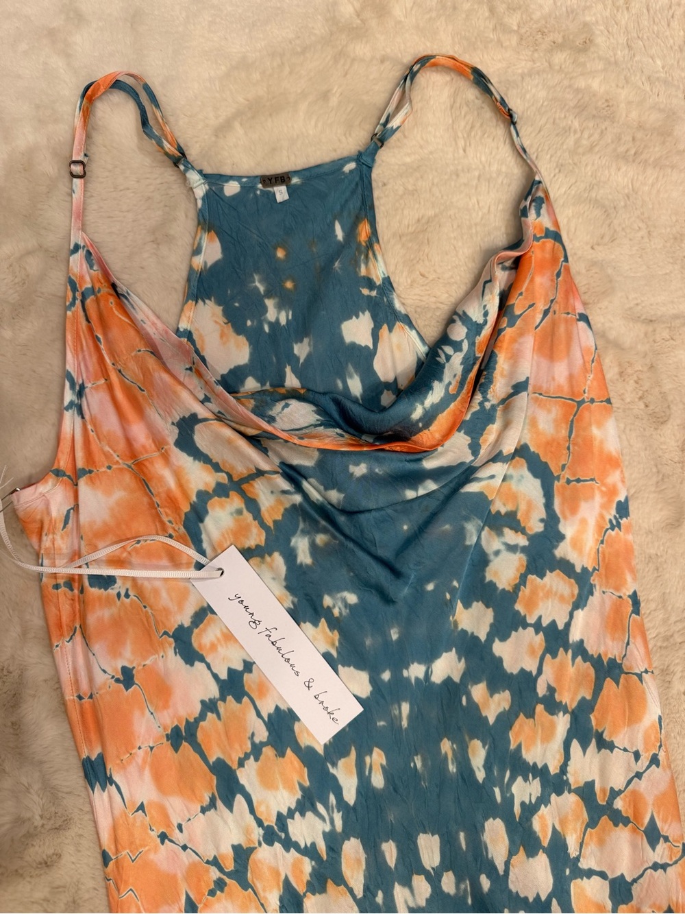 NWT, S Young Fabulous & Broke, Tie-Dye Bodycon Midi Dress in Teal, Rust & White - Picture 7 of 9